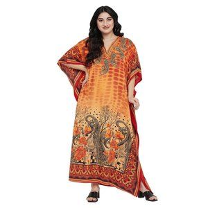 Paisley Printed Orange Polyester Kaftan Dress for Women by Gypsie Blu